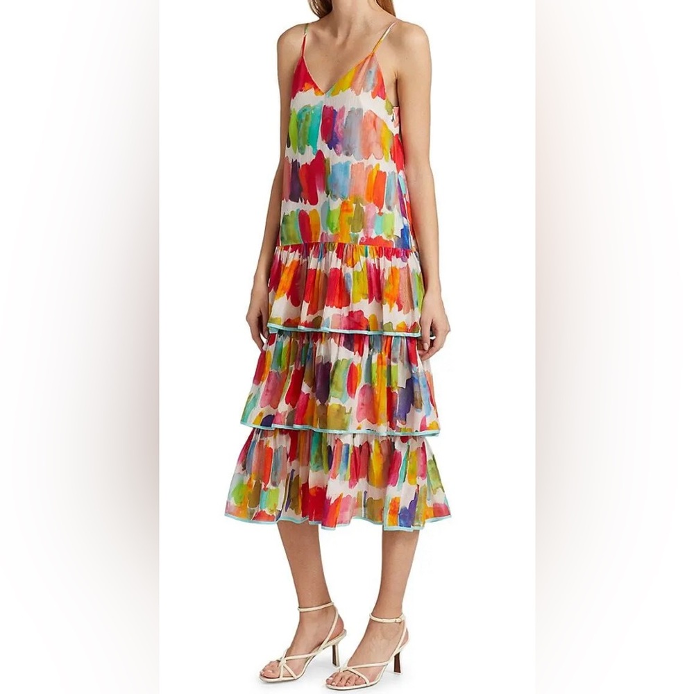RHODE Multicolor Brushstroke Tiered Midi Dress